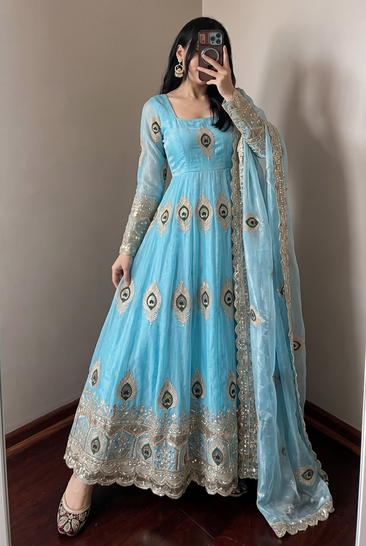 Premium Embroidered Anarkali Suit with Peacock Design
