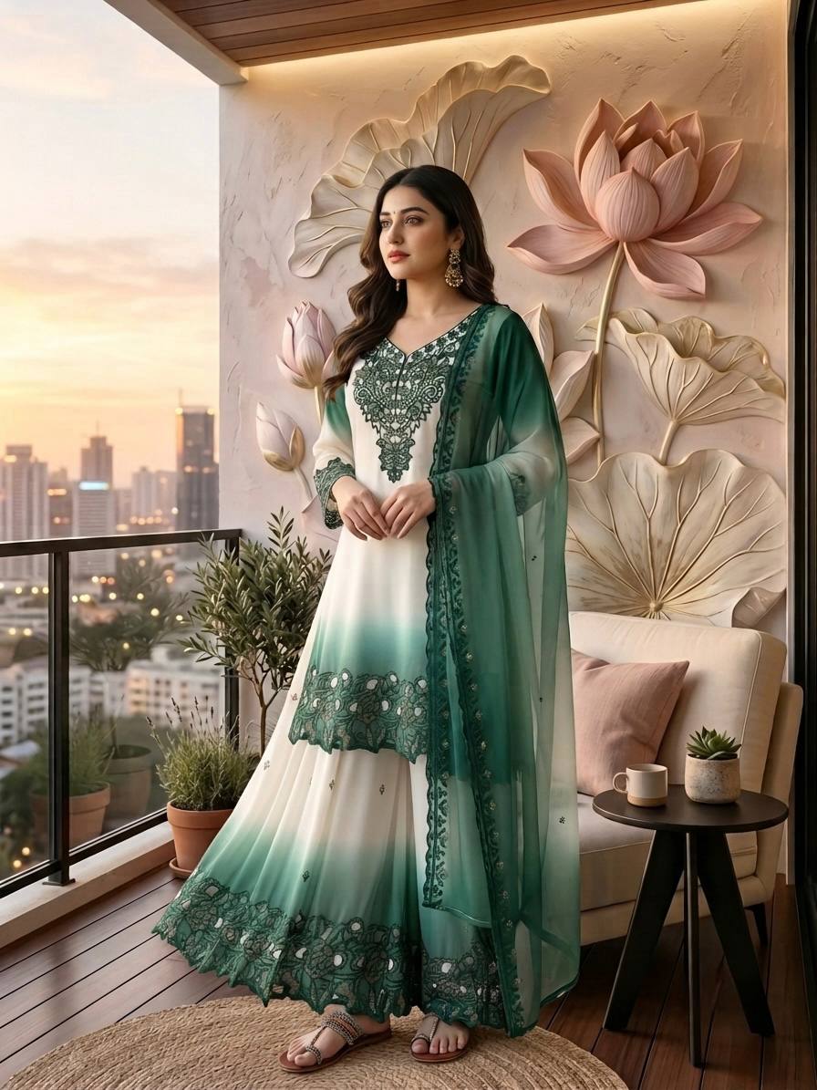 ěsigner Party Wear Look Pur Heavy Dual Tone Peding Star Georgette Top Plazzo & Dupatta Set