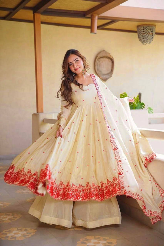 Royal Pure Cosmos Silk Anarkali Sharara Suit Set | Thread Embroidery | Traditional Wedding & Festive Wear