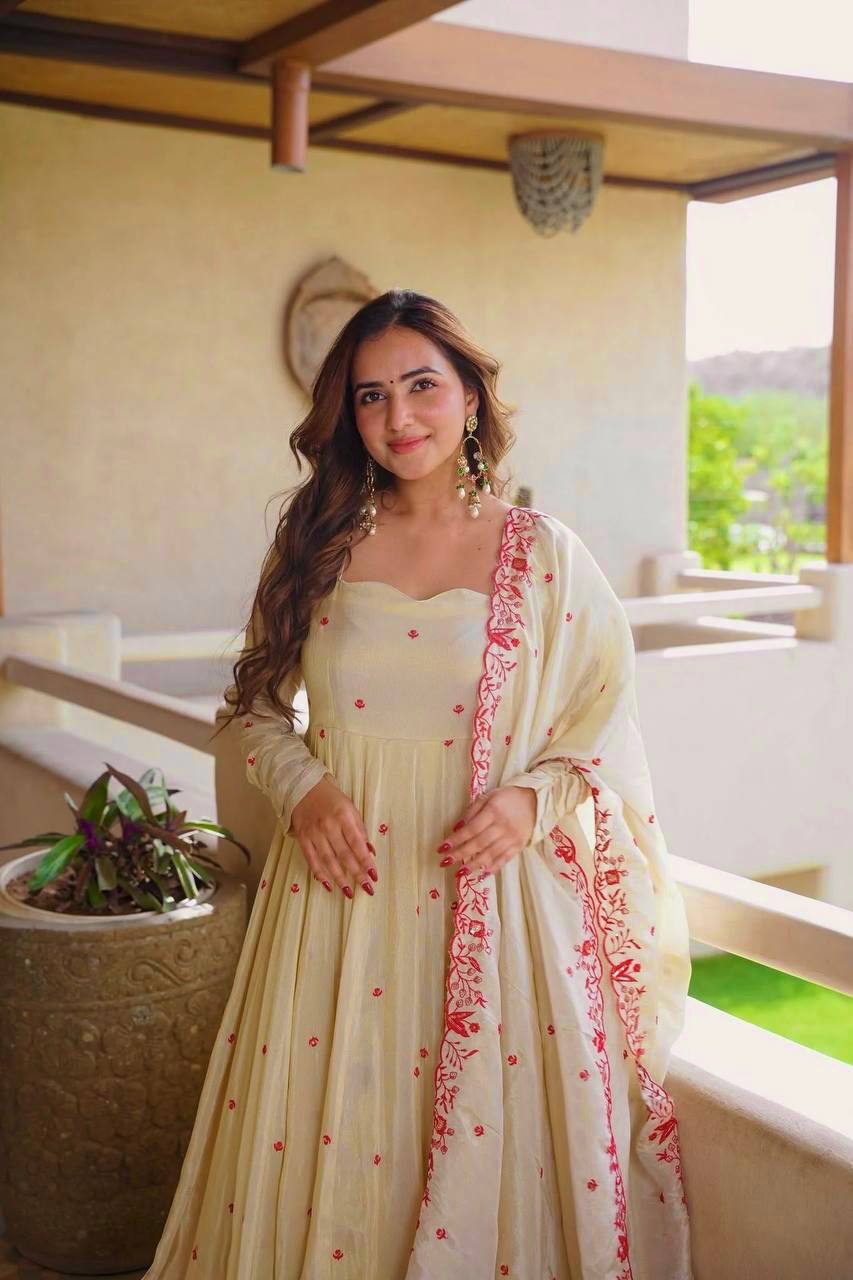 Royal Pure Cosmos Silk Anarkali Sharara Suit Set | Thread Embroidery | Traditional Wedding & Festive Wear