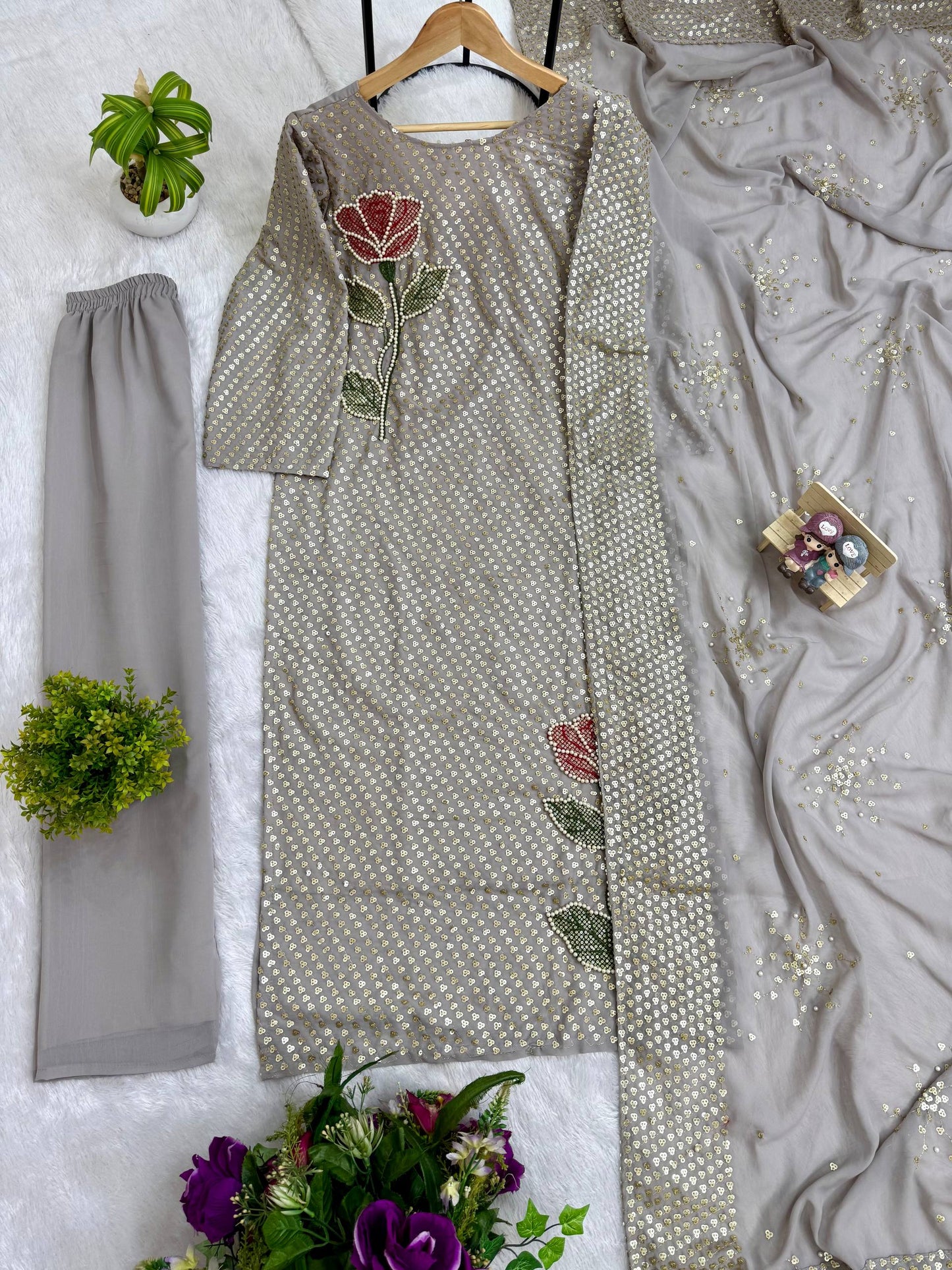 Women's Faux Georgette Embroidered Kurti Pant Dupatta Set with Dual Sequins & Pearl Moti Work | Party & Festive Wear