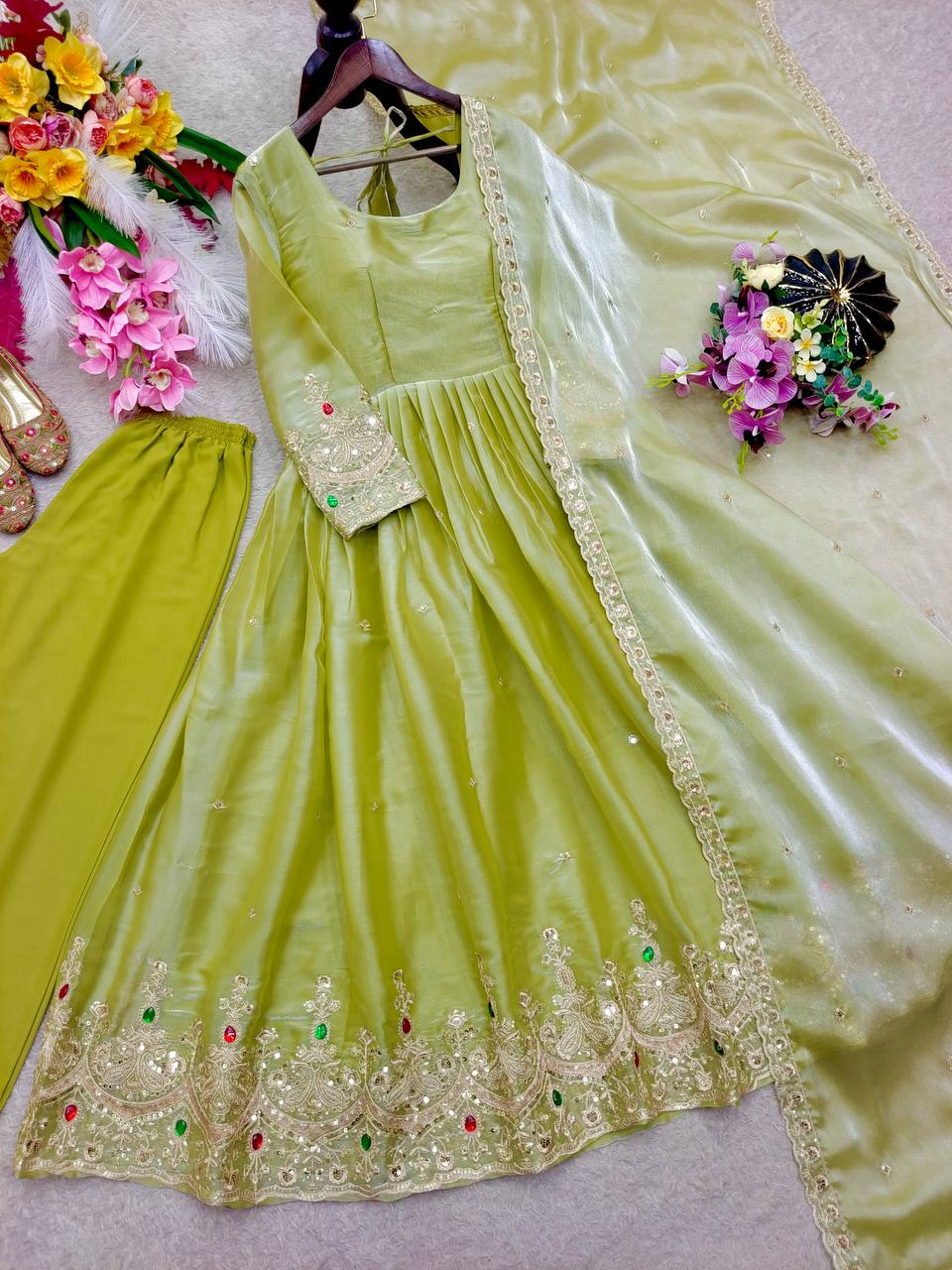 Women's Premium ZMY Embroidered Gown Set with Bottom & Fancy Lace Dupatta | Party & Wedding Wear