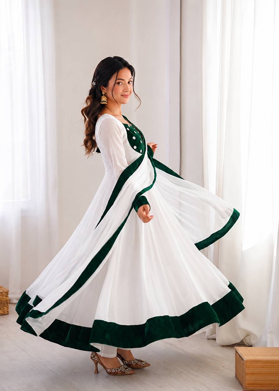 White & Emerald Green Velvet Embellished Anarkali Suit Set with Straight Pants