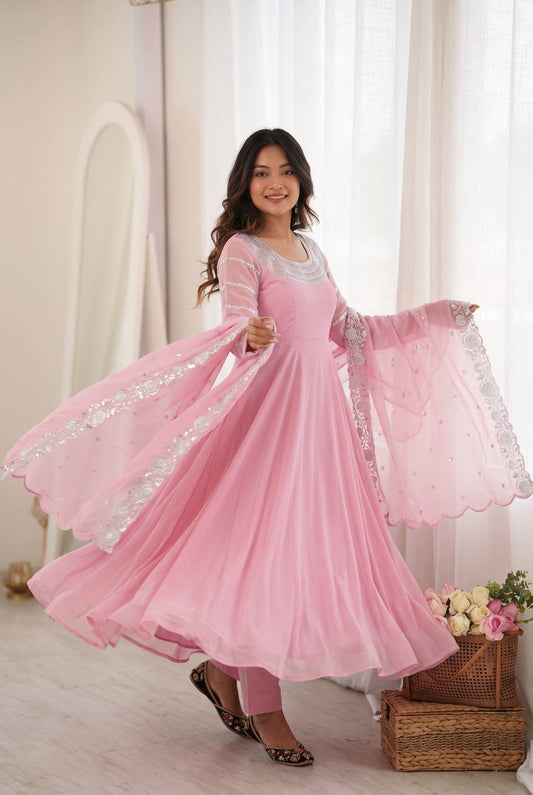 Baby Pink Designer Fox Georgette 8M Flair Sequins Embroidery Anarkali Suit Set with Dupatta & Pant | Partywear Festive Gown