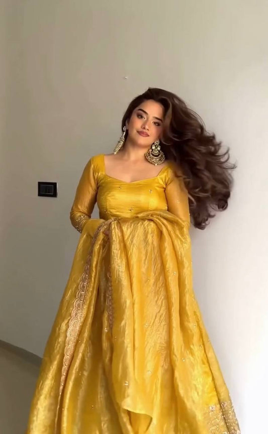 Yellow Gold Crush Silk Sequins Work Anarkali Suit Set