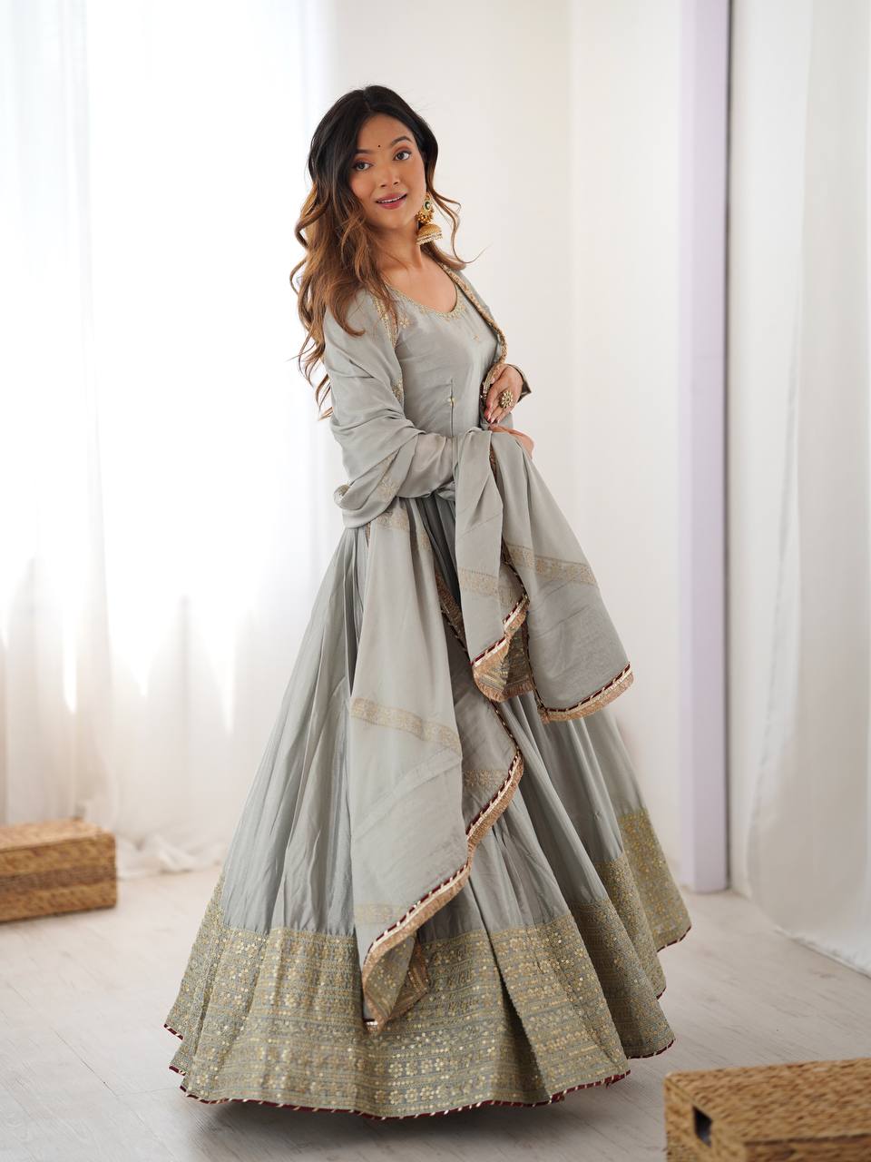 Chinon Anarkali Gown with Sequence Lace Border – Available in 2 Colors