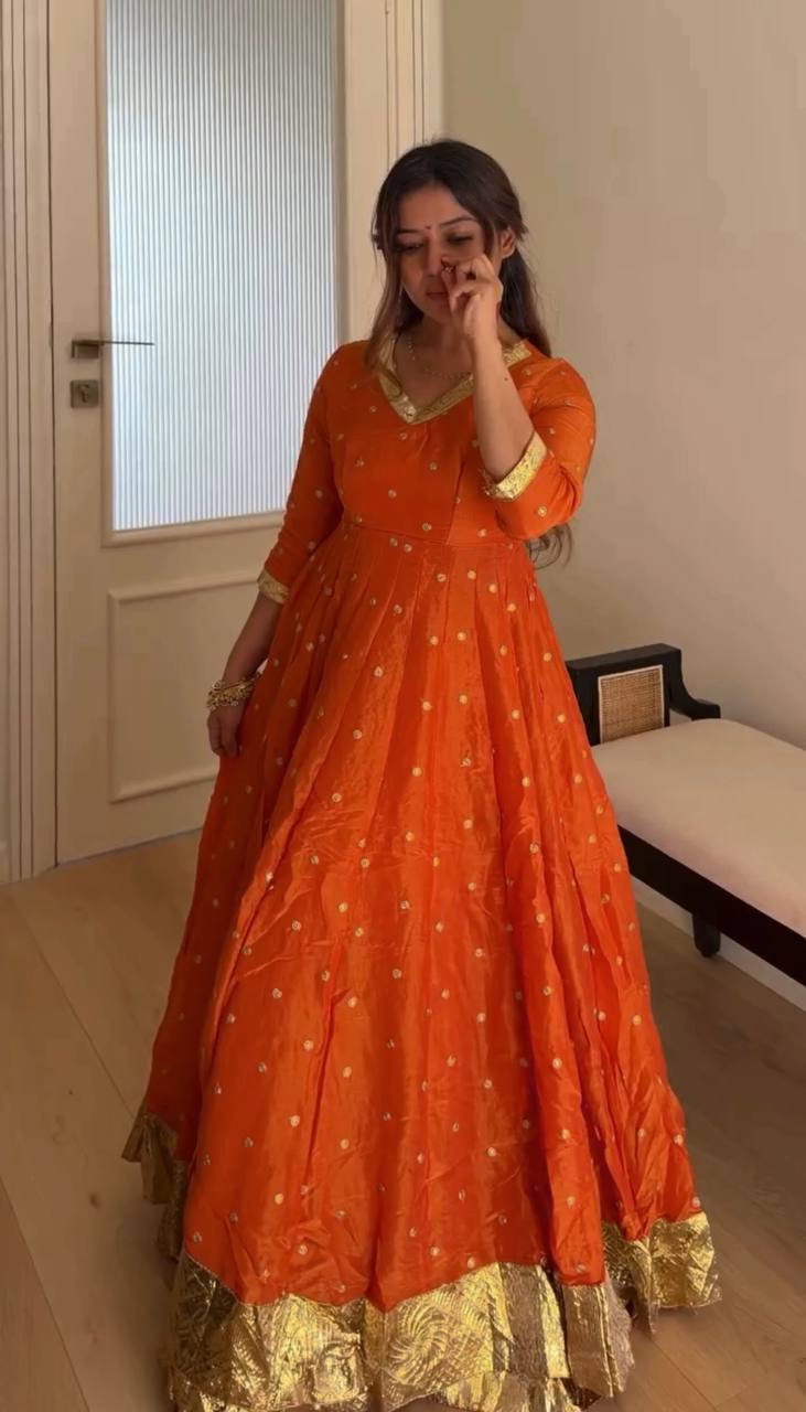 Rust Orange Vichitra Silk Anarkali Lehenga Set with Dupatta