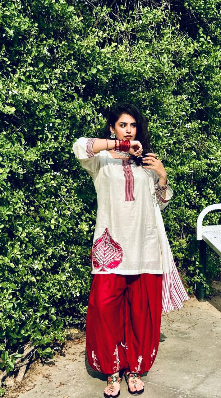 Premium Mal Chanderi Cotton Kurti with Embroidered Balloon Pant Set