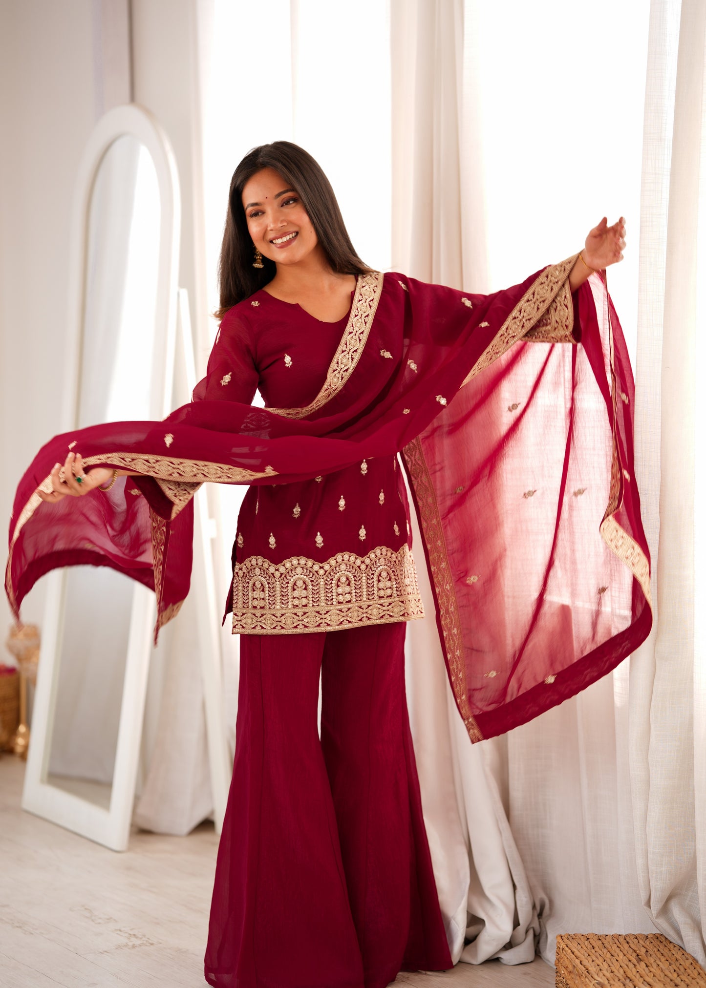 Women's Wine Maroon Embroidered Short Kurti with Sharara Pants & Dupatta Set