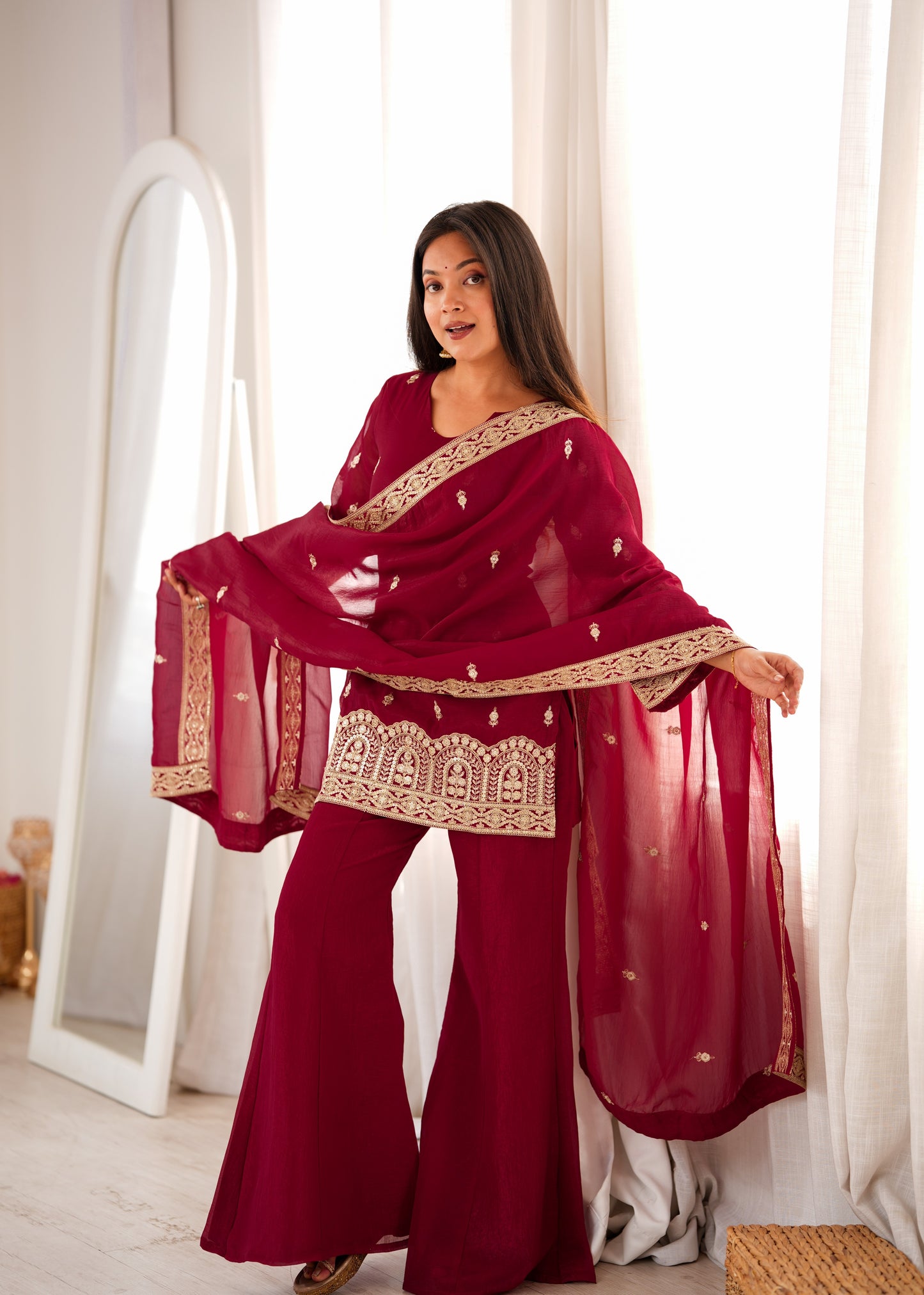 Women's Wine Maroon Embroidered Short Kurti with Sharara Pants & Dupatta Set