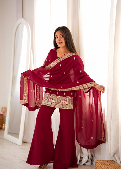 Women's Wine Maroon Embroidered Short Kurti with Sharara Pants & Dupatta Set