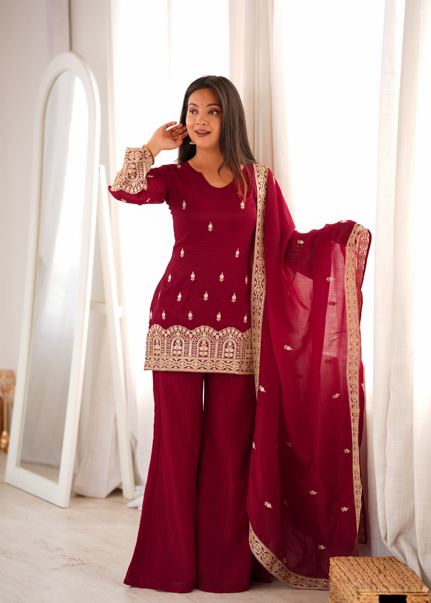 Women's Wine Maroon Embroidered Short Kurti with Sharara Pants & Dupatta Set