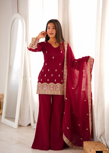 Women's Wine Maroon Embroidered Short Kurti with Sharara Pants & Dupatta Set