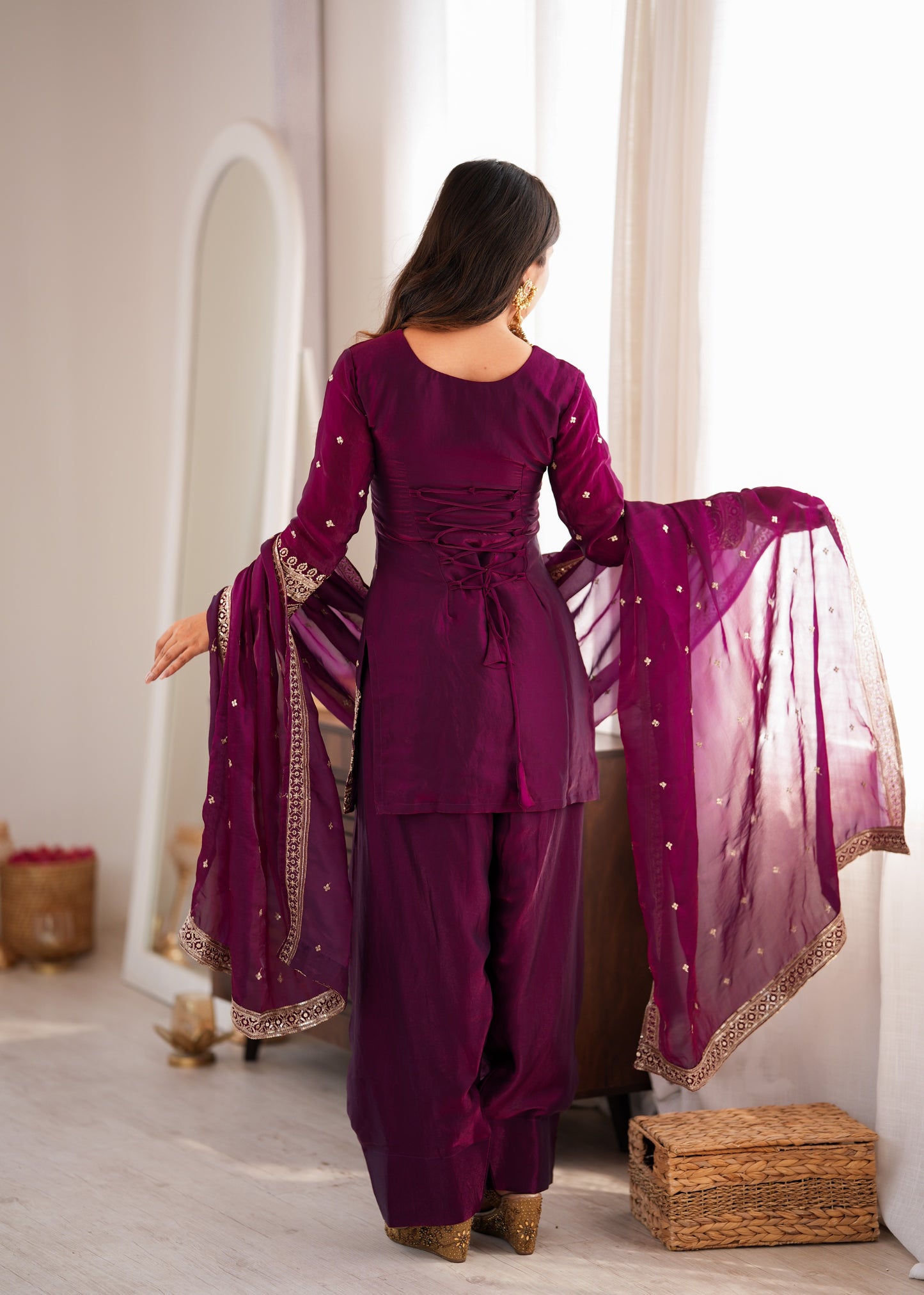 Wine Purple Short Kurti & Salwar Set with Dupatta