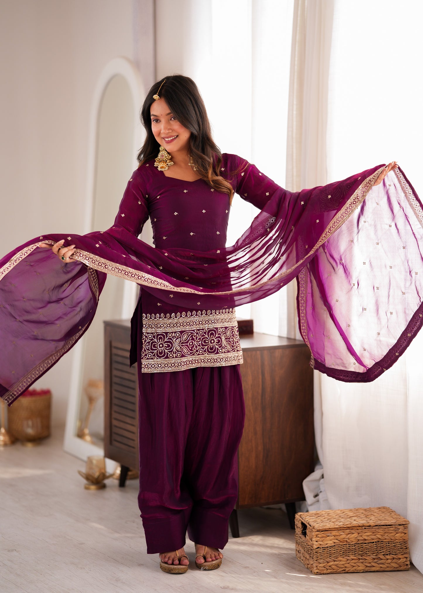 Wine Purple Short Kurti & Salwar Set with Dupatta
