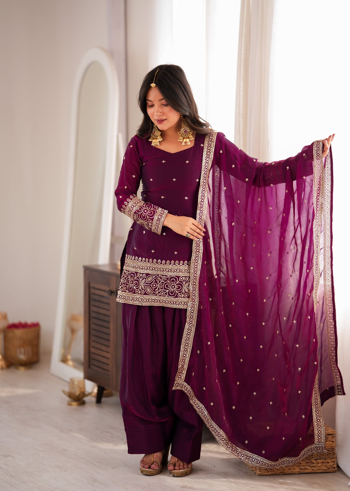 Wine Purple Short Kurti & Salwar Set with Dupatta