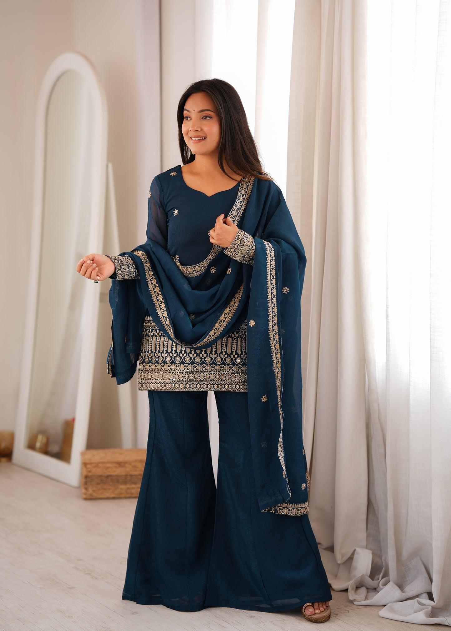 Teal Blue Embroidered Short Kurti with Sharara Pants & Dupatta Set