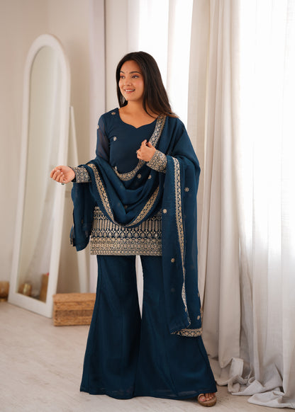 Teal Blue Embroidered Short Kurti with Sharara Pants & Dupatta Set