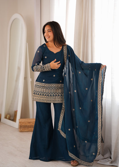 Teal Blue Embroidered Short Kurti with Sharara Pants & Dupatta Set