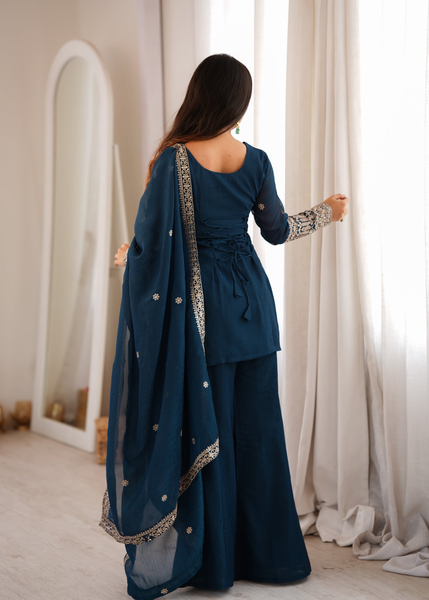 Teal Blue Embroidered Short Kurti with Sharara Pants & Dupatta Set
