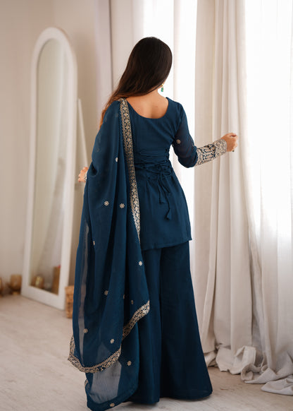 Teal Blue Embroidered Short Kurti with Sharara Pants & Dupatta Set