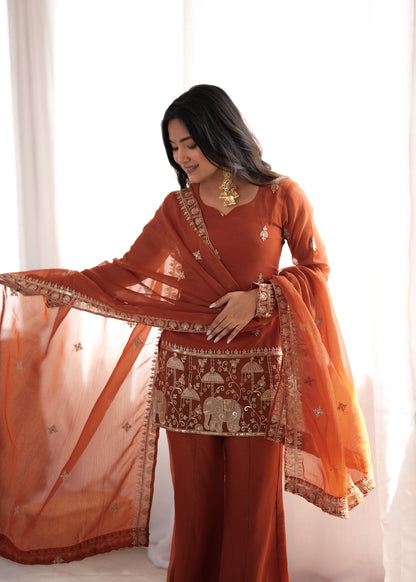 Rust Embroidered Short Kurti Sharara Set with Dupatta