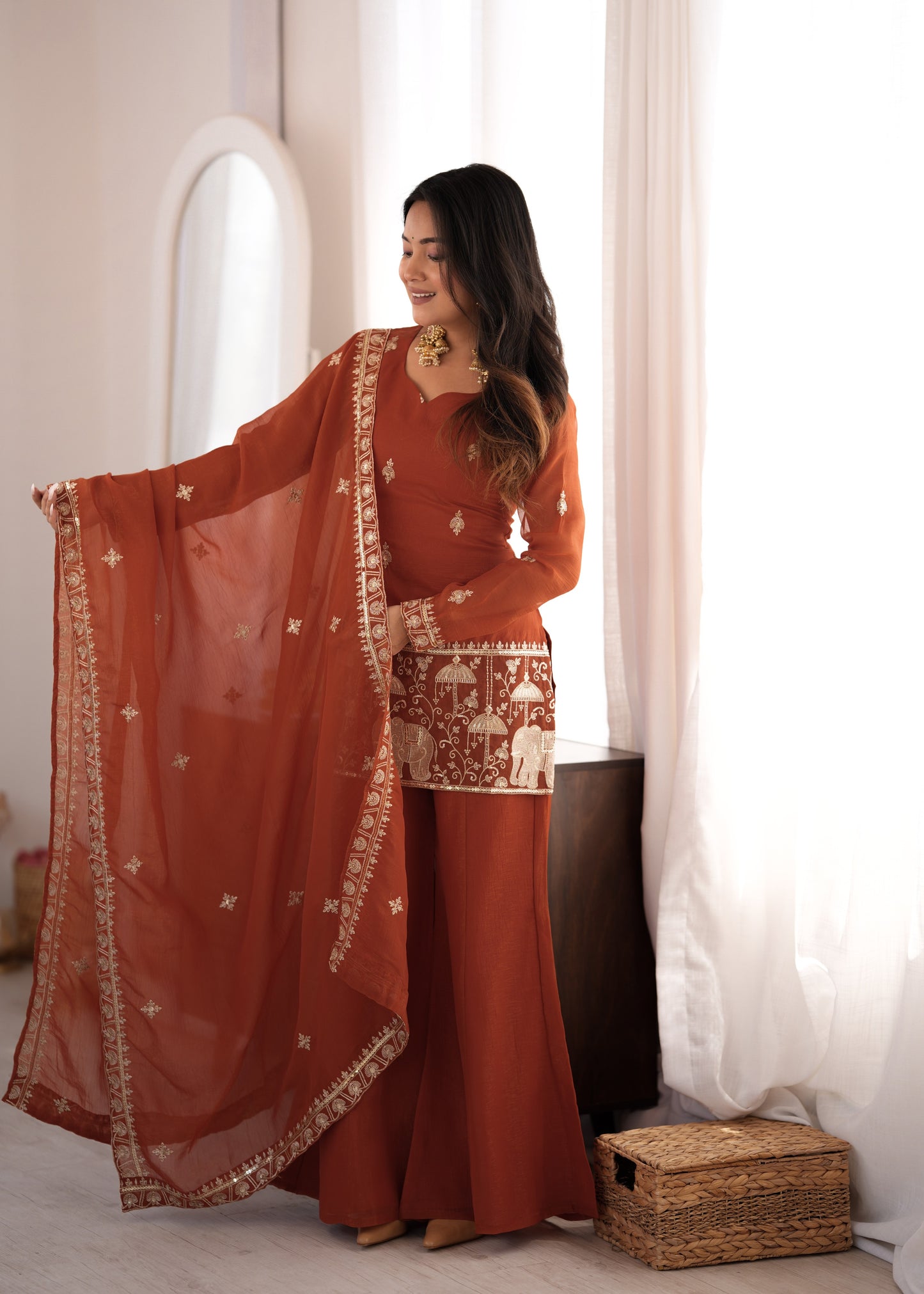 Rust Embroidered Short Kurti Sharara Set with Dupatta