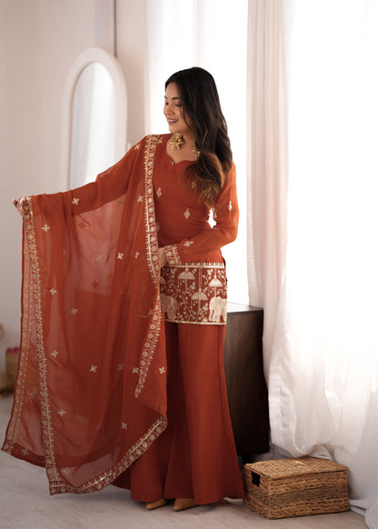 Rust Embroidered Short Kurti Sharara Set with Dupatta