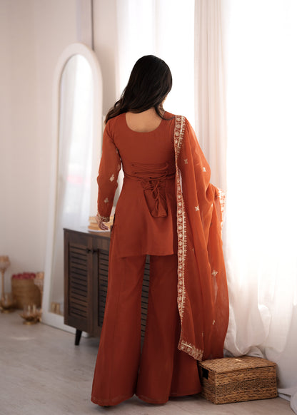 Rust Embroidered Short Kurti Sharara Set with Dupatta