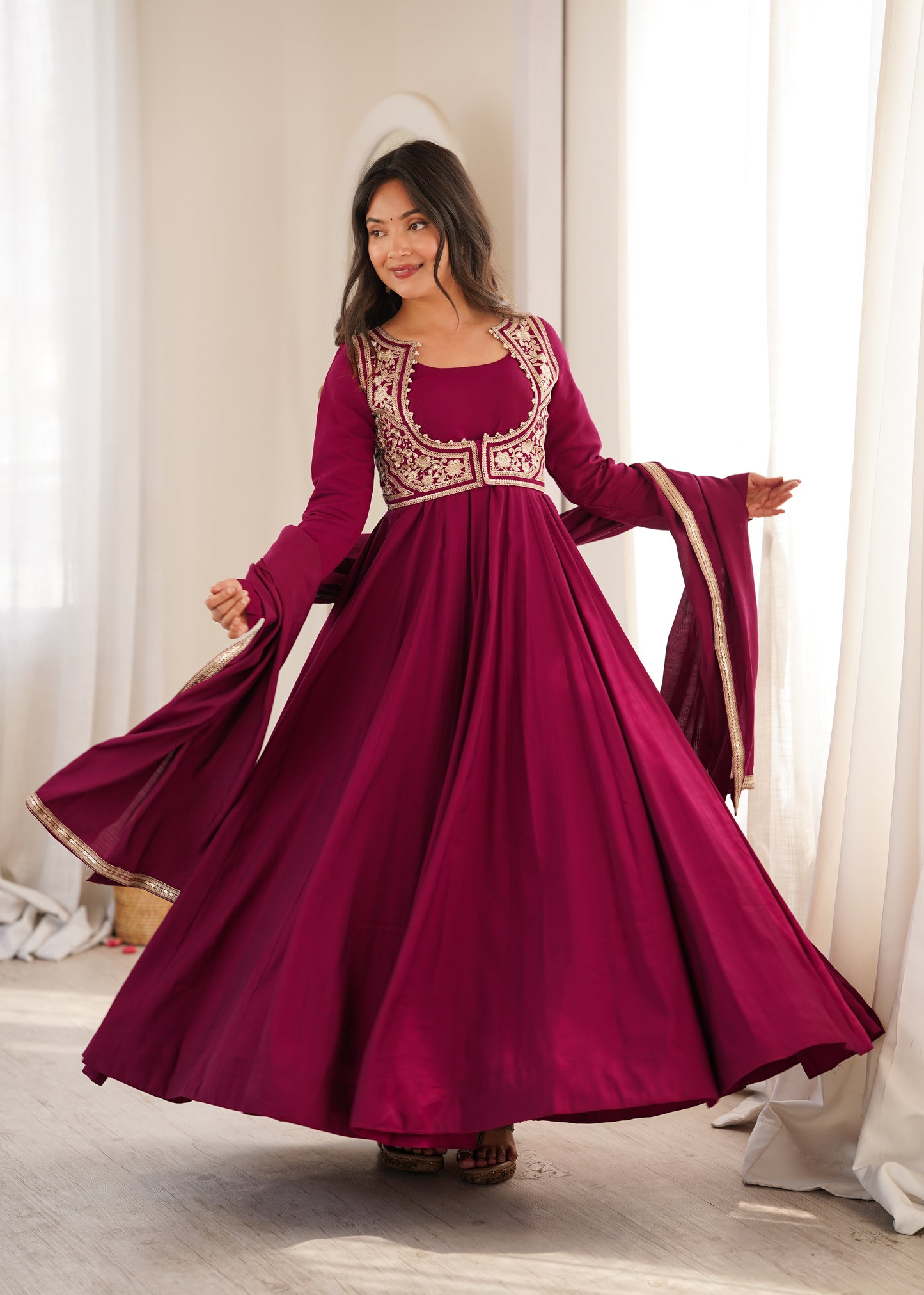 Women’s Wine Floor-Length Anarkali Suit with Dupatta
