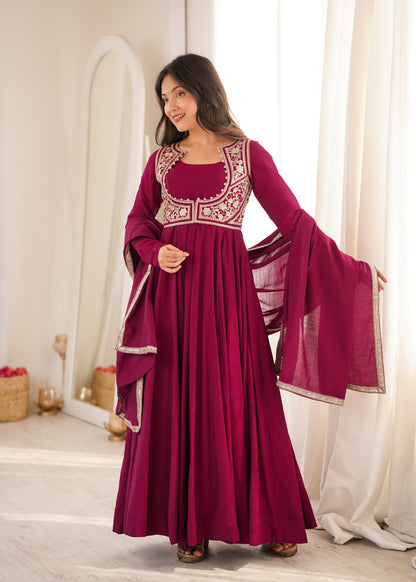 Women’s Wine Floor-Length Anarkali Suit with Dupatta