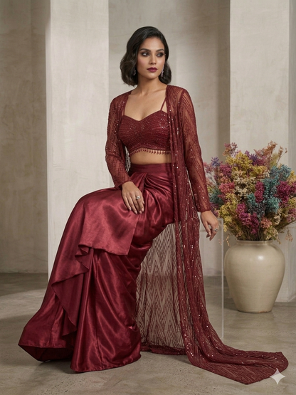 Marron Draped Knotted Skirt Blouse and Shrug With Embroidery Indo Western Look Outfit