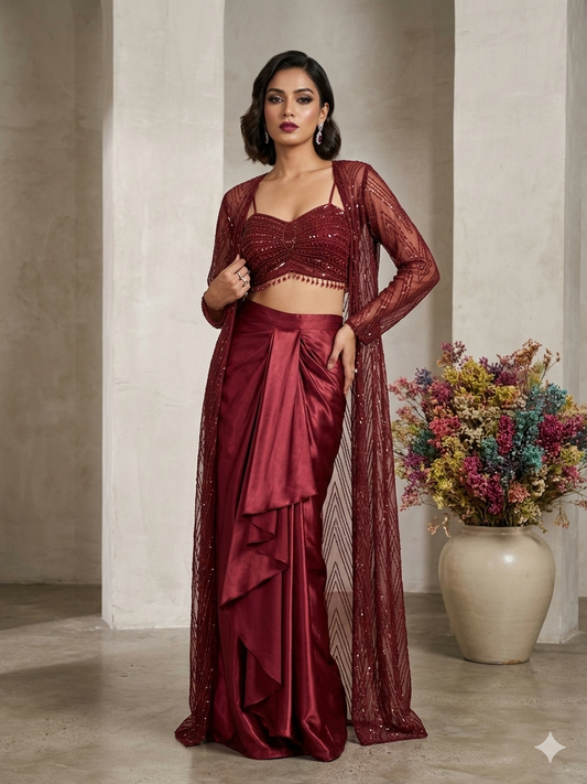 Marron Draped Knotted Skirt Blouse and Shrug With Embroidery Indo Western Look Outfit
