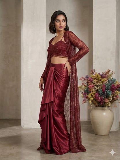 Marron Draped Knotted Skirt Blouse and Shrug With Embroidery Indo Western Look Outfit