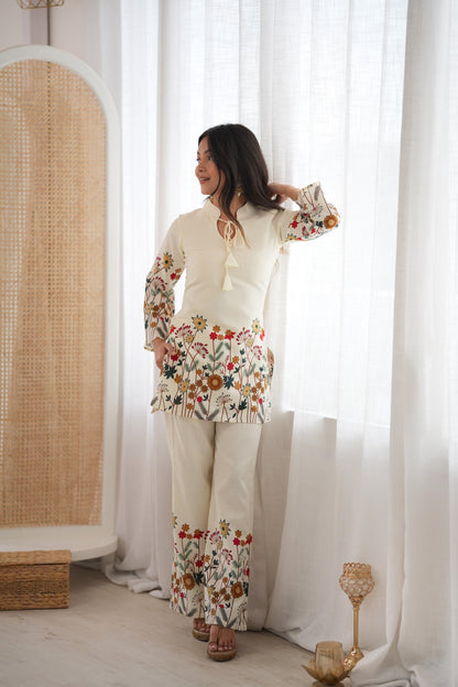 Designer Cream Floral Print Short Kurta & Straight Pants Co-Ord Set