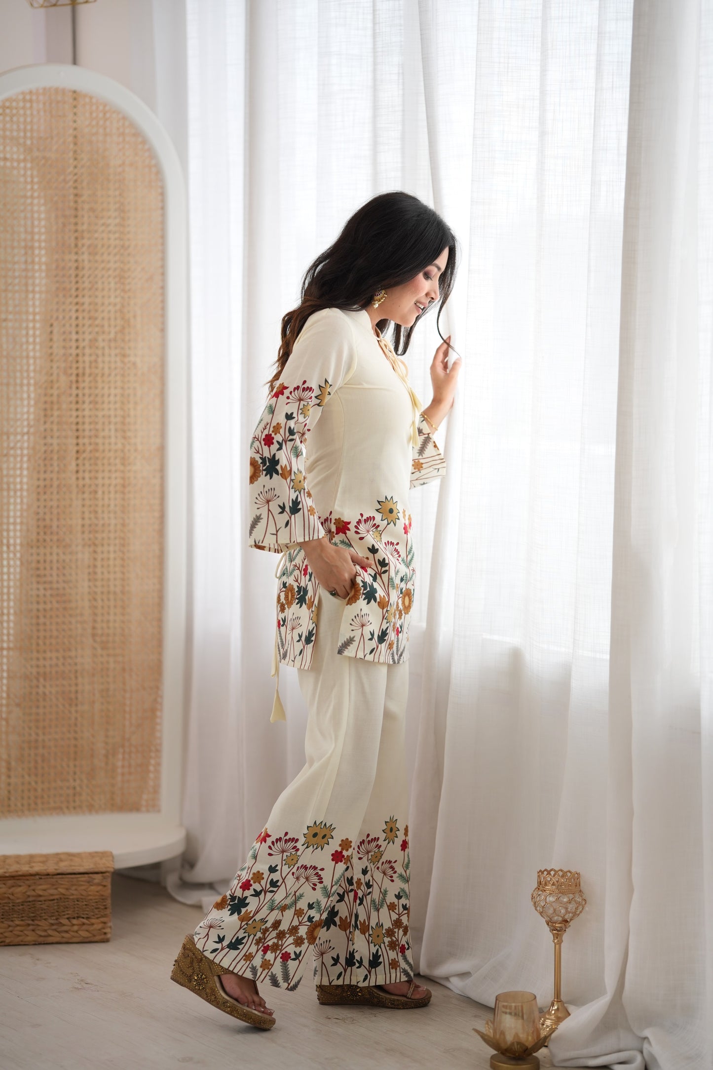 Designer Cream Floral Print Short Kurta & Straight Pants Co-Ord Set