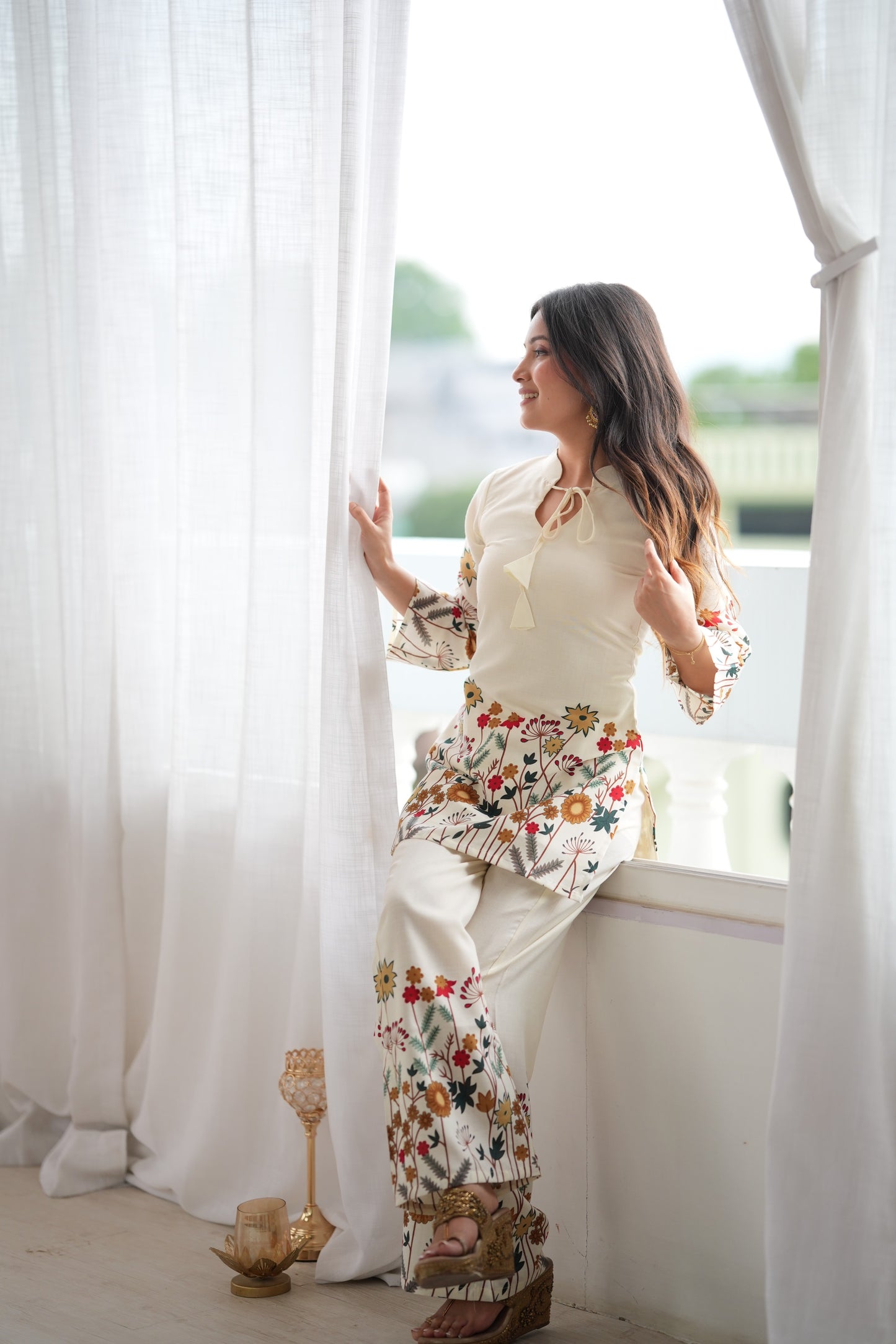 Designer Cream Floral Print Short Kurta & Straight Pants Co-Ord Set