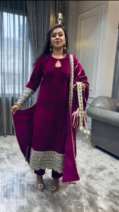 Luxury Velvet Straight Kurta Set with Matching Pants & Dupatta