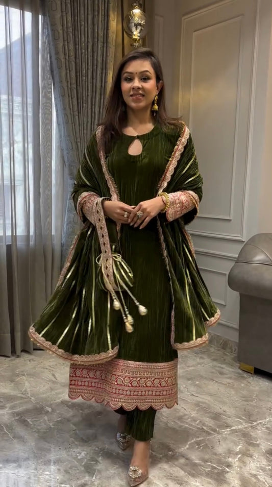Luxury Velvet Straight Kurta Set with Matching Pants & Dupatta