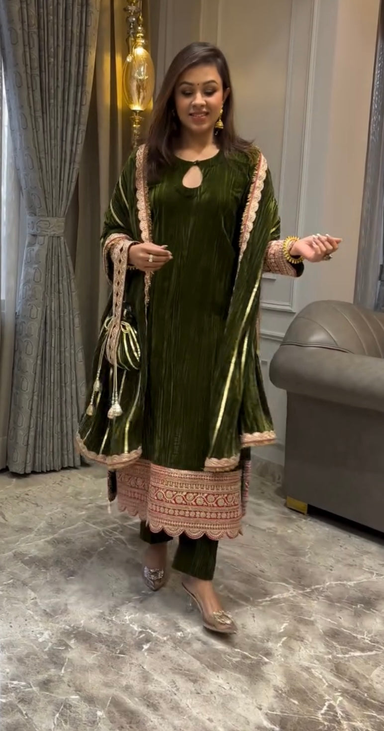 Luxury Velvet Straight Kurta Set with Matching Pants & Dupatta