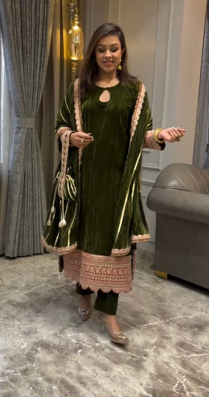Luxury Velvet Straight Kurta Set with Matching Pants & Dupatta
