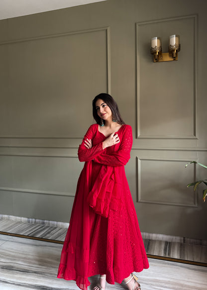 Designer Crimson Red Heavy Lucknowi Chikankari Anarkali Dress