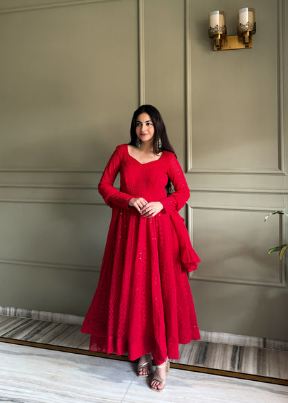 Designer Crimson Red Heavy Lucknowi Chikankari Anarkali Dress