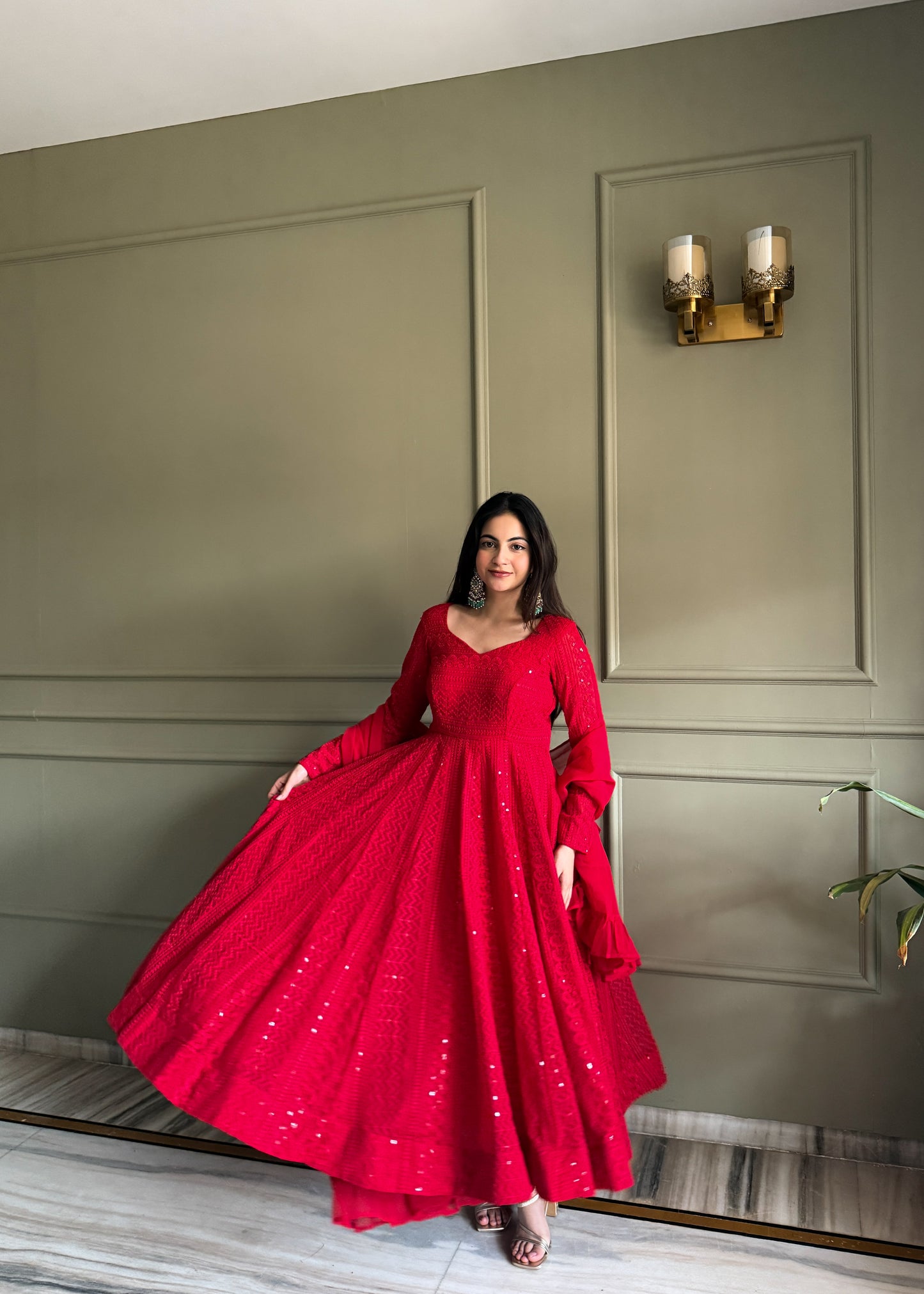 Designer Crimson Red Heavy Lucknowi Chikankari Anarkali Dress