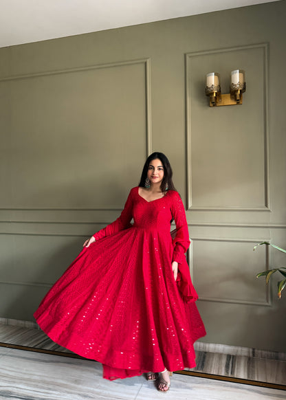 Designer Crimson Red Heavy Lucknowi Chikankari Anarkali Dress