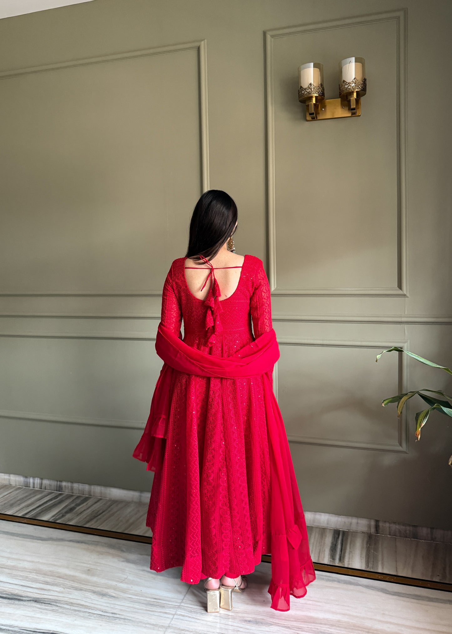 Designer Crimson Red Heavy Lucknowi Chikankari Anarkali Dress