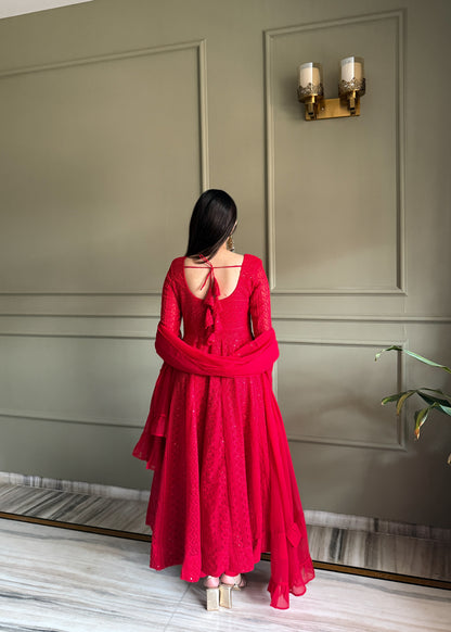 Designer Crimson Red Heavy Lucknowi Chikankari Anarkali Dress