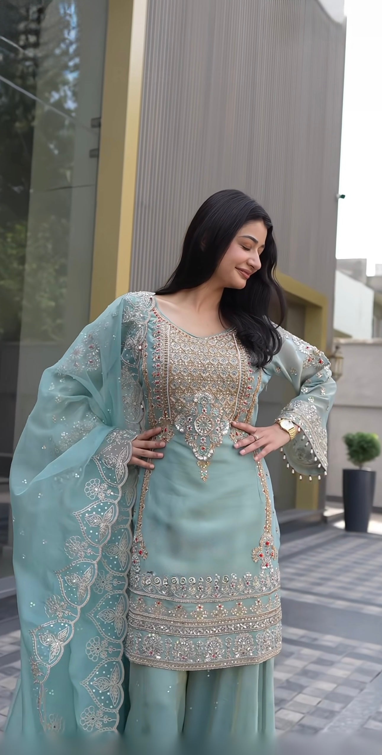 Pretty Dusty Blue Faux Georgette Thread Work Salwar Suit