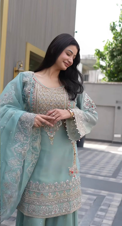 Pretty Dusty Blue Faux Georgette Thread Work Salwar Suit