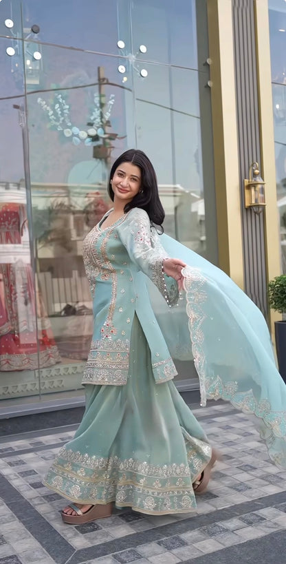 Pretty Dusty Blue Faux Georgette Thread Work Salwar Suit